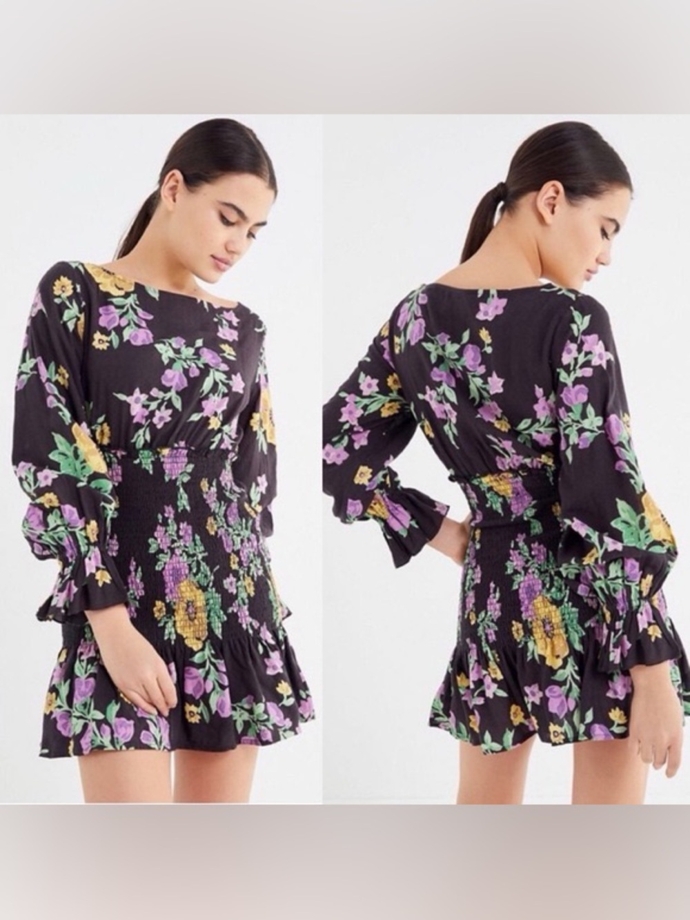 Urban outfitters Leandra Smocked Long Sleeve Mini Dress